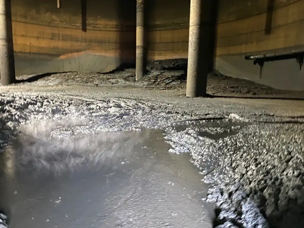 Inside a digester with heavy solids built up
